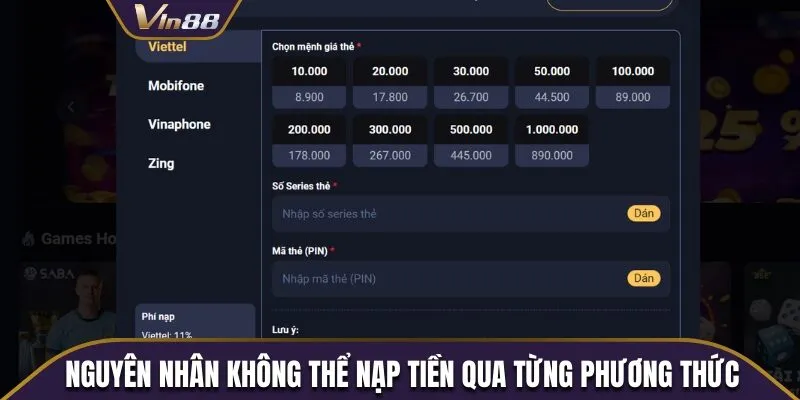 Nguyên nhân không thể nạp tiền qua từng phương thức